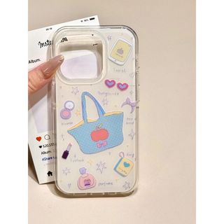 🛒免運費 僅適用於蘋果~韓系塗鴉英文藍格蘋果手提包適用蘋果16E手機殼iPhone15/14PlusXR