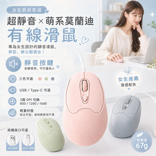 【台灣現貨】電腦滑鼠 有線靜音滑鼠 Type-C USB即插即用 3檔DPI 人體工學 女生學生辦公筆電滑鼠 S109