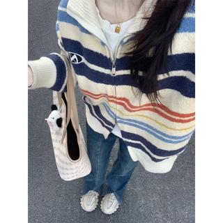 8492 人二度入手🔁PRETTYCHERRY慵懶風彩虹條紋復古拉鏈毛衣開衫翻領針織秋冬女US3V