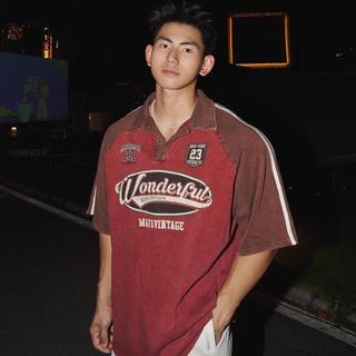 ❤本島出貨❤美式做舊復古街頭學院風Polo領拼接撞色短袖T恤男女寬鬆上衣ins8.9