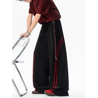 美式復古Baggy條紋撞色衛褲男夏季垂感闊腿褲寬鬆休閒運動長褲 闊腿褲男 休閒長褲男 直筒褲男