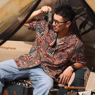 ✨川崎先生✨古巴領上衣vintage夏季短袖上衣日係複古夏威夷沙灘寬鬆休閒古巴領花襯衫男 AHDE