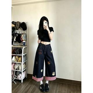 爆款實用必買👍2026新款美式刺繡小狗卷邊格子牛仔短褲女夏季新款休閒闊腿七分褲ON