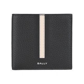 BALLY Ribbon銀漆字母LOGO小牛皮搭黑白直條8卡對開式短夾(男款/黑)