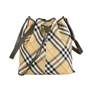 BURBERRY內裡燙金LOGO沙色格紋帆布搭小牛皮飾邊抽繩束口肩背斜背水桶包(中/沙色)