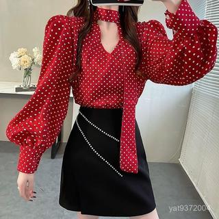 金選💖韓版波點氣質襯衫法式上衣2025新春掛脖花設計別緻新款小眾長袖襯衣 BLD2