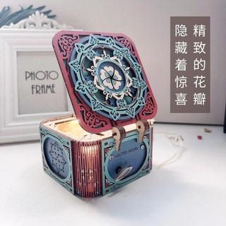 國潮復古旋轉翻蓋八音盒木質拼裝表白女友立體diy音樂盒生日禮盒