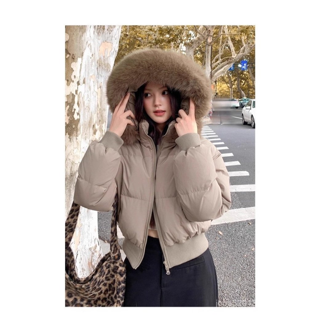 【MR.男先生】臺灣出貨 免運 女秋冬羽絨服 黑色大毛領連帽羽絨棉服女冬季新款美式加厚保暖短款棉衣外套 HUMQ