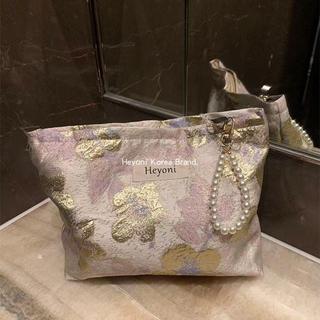HEYONI韓國鎏粉花化妝包 貴氣高級珍珠化妝袋 大容量收納整理 ins高顏值 化妝品收納袋 旅行化妝包