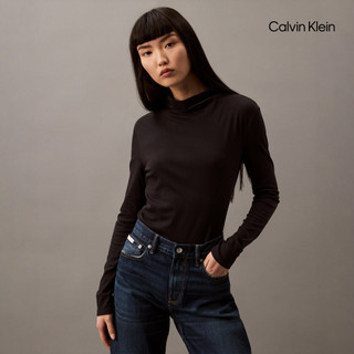 【Calvin Klein】 CK 絲光平紋針織小高領 T恤 黑色