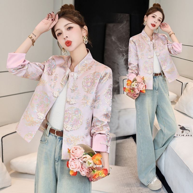 ✨新中式外套 女高端短款設計 緞面刺繡提花 小個子唐裝 春秋時尚穿搭 休閒聚會適用 旅行出遊穿搭 小資女孩適用 必備款
