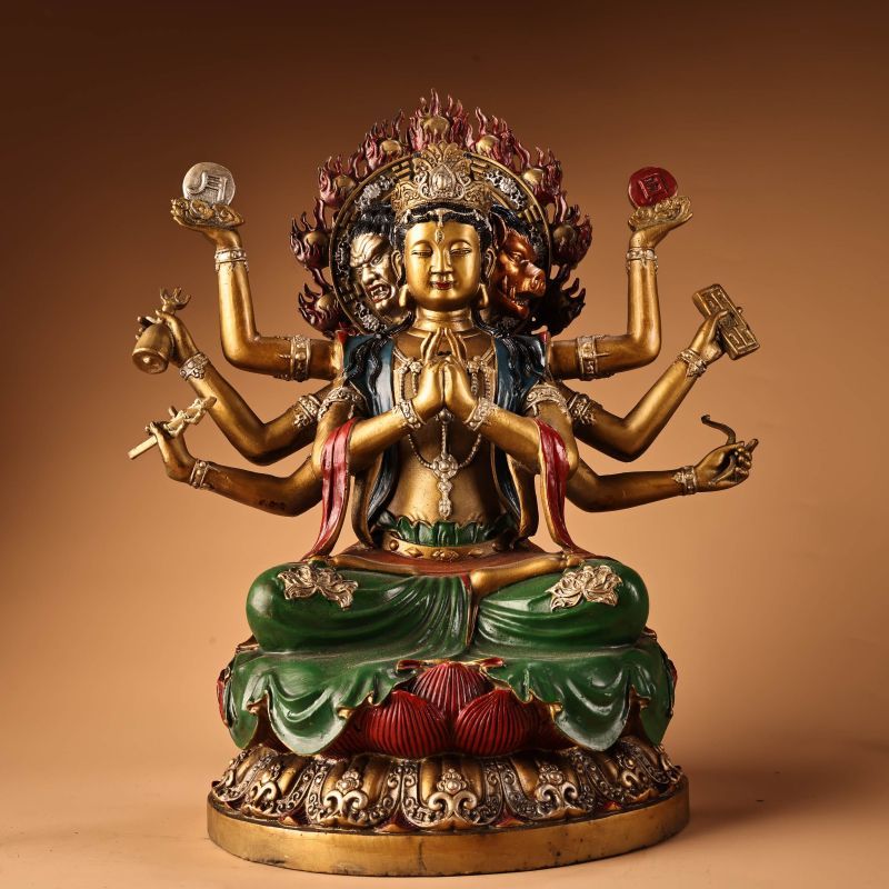老銅描金彩繪祥獅純銅鬥姆元君神件北斗衆星九皇之母佛像一尊