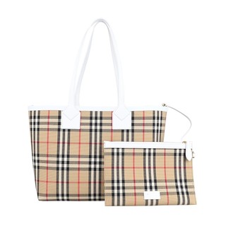 BURBERRY內底部燙金LOGO格紋緹花布搭牛皮背帶肩背子母托特包(典藏米x白)