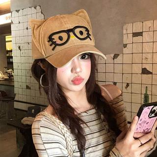 2025新款寬簷甜美顯臉小鴨舌帽子可愛卡通眼鏡貓咪耳朵棒球帽女夏OT4I