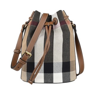 BURBERRY 皮革金字LOGO格紋棉織布拼牛皮束口式肩背斜背水桶包(小/灰x棕)