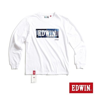 EDWIN 男款 再生系列 牛仔拼接印花LOGO長袖T恤(白色)