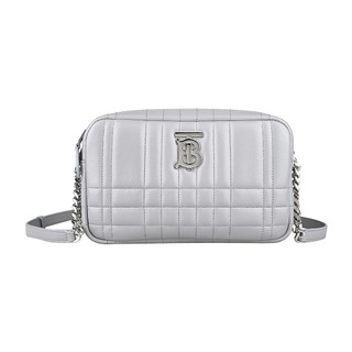 BURBERRY LOLA 金屬TB字LOGO小羊皮格紋縫線拉鍊斜背相機包(灰)