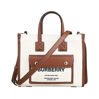 BURBERRY Freya 黑字印花LOGO帆布拼接小牛皮按扣式斜背托特包(迷你/自然米x棕褐)