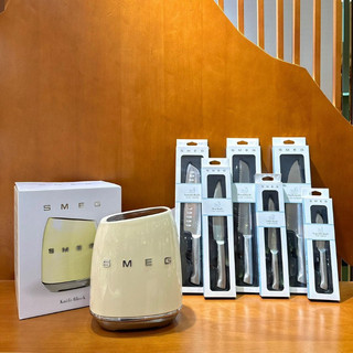不鏽鋼刀具組 奶油色廚房刀具套裝 SMEG 含刀座 6把刀 水果刀全套 家用水果刀 刀具組 7件套 奶油色 黑色 淡藍色