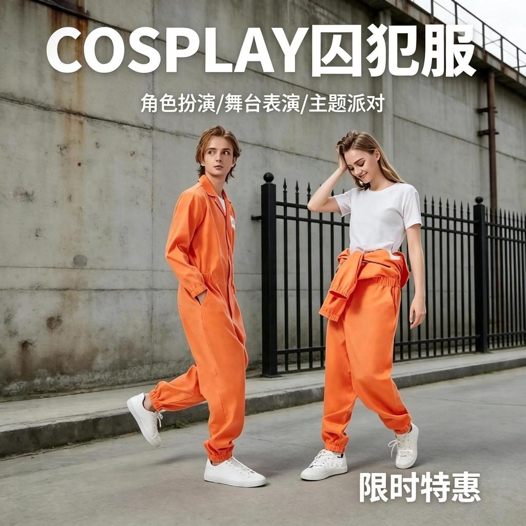 🌟【臺灣發貨】🌟萬聖節cos囚犯服裝扮演服犯人服監獄制服囚犯套裝橙色連體囚犯服