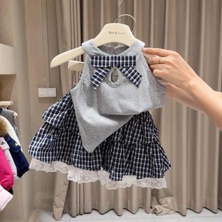 Mimo⭐氣質女寶寶套裝夏季設計感蝴蝶結背心花邊格子蛋糕裙