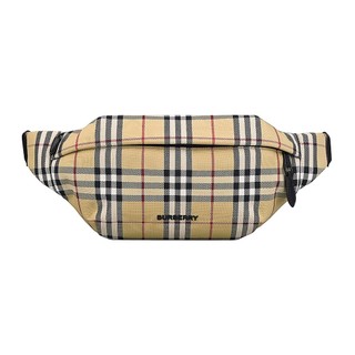 BURBERRY SONNY黑字LOGO格紋尼龍拉練胸腰包(典藏米)