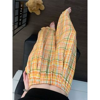 韓系ins高級感撞色格子潮流闊腿褲女新款通勤小眾寬鬆遛彎褲長褲 韓系長褲 褲子女 女款長褲 夏季