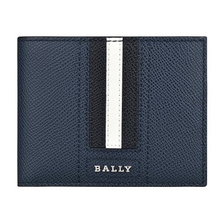 BALLY TVEYE金屬銀字LOGO條紋設計防刮牛皮6卡對折短夾(深藍x黑白黑條紋)