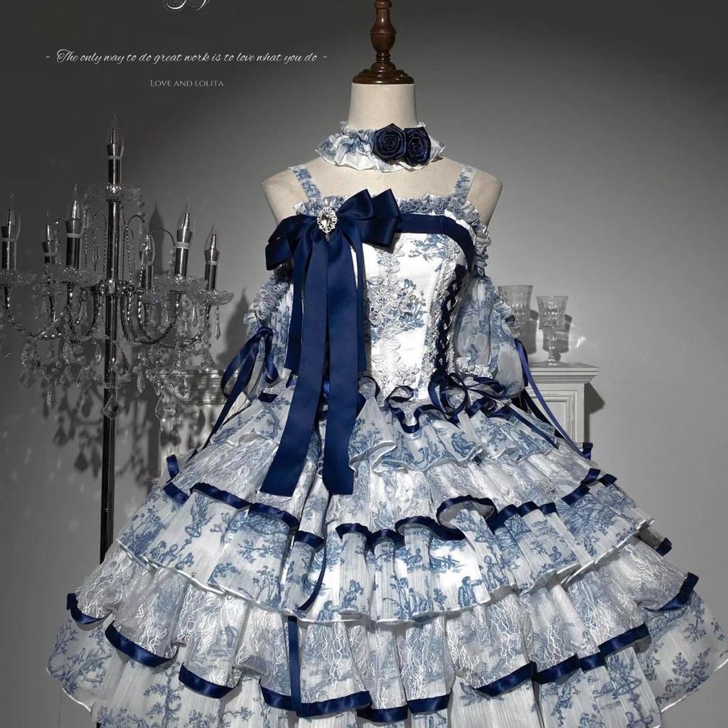 Lolita lolita 洛麗塔裙 原創 新款Aria原創設計lolita春夏雨落青瓷魚骨狗短原創洛麗塔禮服連衣裙