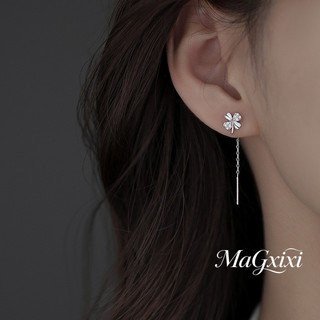 【MaGxixi飾品】韓式銀色四葉草耳線女生甜美圓臉顯瘦四瓣花朵耳釘長款流蘇養耳洞耳環耳飾品 B479