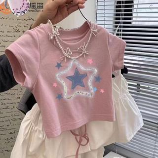 Mimo⭐短款女童純棉露背短袖T恤韓版印花上衣