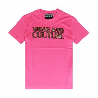 VERSACE JEANS 純綿內布標白字LOGO亮片字母設計短袖T恤(女款/粉)