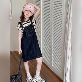 【小乖優選】女童夏季牛仔揹帶裙套裝短袖條紋2026夏季新款女孩夏裝T恤背心裙tE