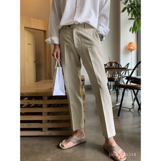 【MR. 男先生】韓版褲子 男生褲子 夏季新款長褲 亞麻九分褲 小腳褲 直筒褲 修身西裝褲 休閒長褲 寬鬆棉麻長褲