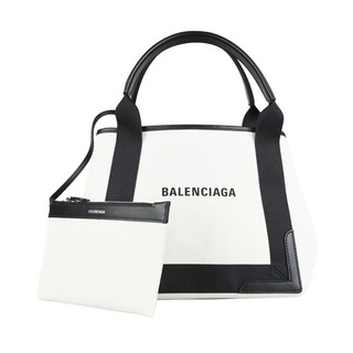 BALENCIAGA經典印花LOGO帆布拼接牛皮Navy Cabas子母手提托特包(米白x黑)