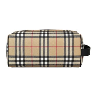 BURBERRY Vintage經典格紋設計環保帆布拉鍊手拿旅行收納包(典藏米)