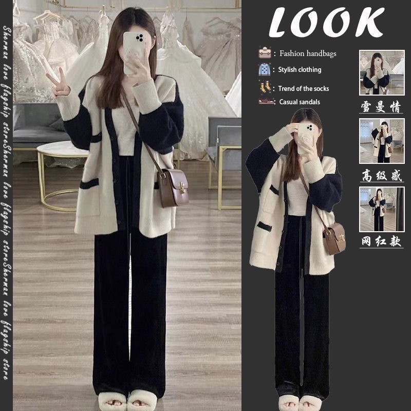 【三件套裝】秋冬季女裝慵懶風氣質外穿外搭針織毛衣開衫女闊腳褲可愛女裝設計款女裝休閑女裝高級感女裝時尚女裝慵懶風女裝