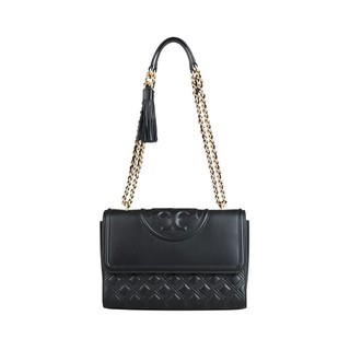TORY BURCH Fleming 浮雕T字LOGO菱格絎縫皮革流蘇肩背斜背鍊帶包(黑)