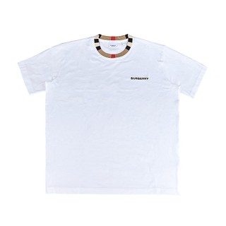 BURBERRY刺繡黑字LOGO圓領都市格紋設計純棉質短袖T恤(男款/白)