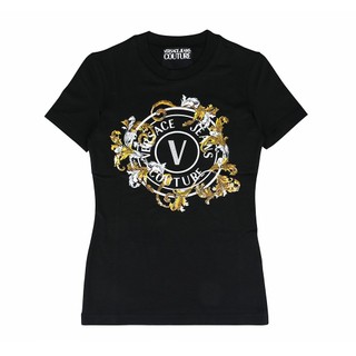 VERSACE JEANS COUTURE 棉質混紡內布標白字LOGO亮片藝術花紋搭圓圈設計修身短袖T恤(女款/黑)