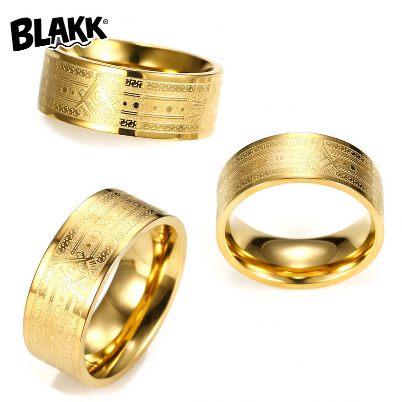 8mm金色不銹鋼共濟會上帝之眼男士指環空白logo腐蝕金色戒指暗黑風哥特風配件