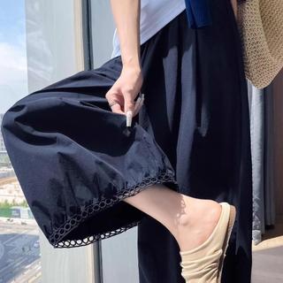【美式闊腿褲】大碼黑色冰絲闊腿褲子女夏季薄款高腰寬鬆顯瘦鏤空花邊九分燈籠褲 寬鬆 顯瘦 休閑褲 8