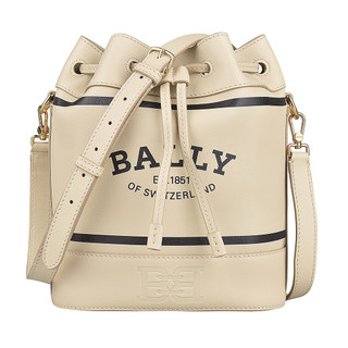 BALLY CLEOH黑字印花LOGO小牛皮抽繩束口斜背水桶包(淺米)