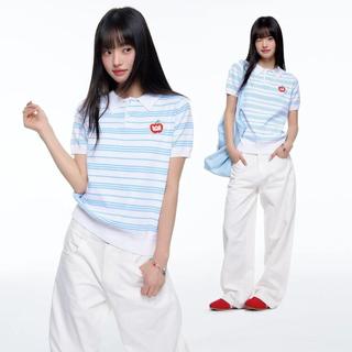 【PRETTYCHERRY】TGWALL「果然」藍白POLO衫短正肩薄針織毛衫短袖T恤
