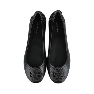 TORY BURCH 鏤空T字釘鑲LOGO皮革芭蕾平底鞋(黑x黑)