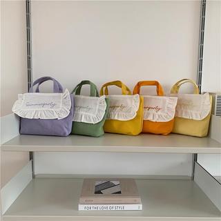 日韓chic甜美荷葉邊便當包清新刺繡手提小布袋少女學生包
