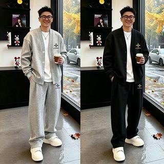 男士休閒套裝 春秋新款男士寬鬆休閒百搭運動兩件套潮流美式高街外套直筒褲套裝休閒套裝 運動套裝 潮男外套