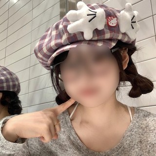 【彰化出貨】韓係可愛kitty貓格子貝雷帽女甜美百搭大頭圍顯臉小八角畵家帽子 貝雷帽 畵家帽 帽子 百搭