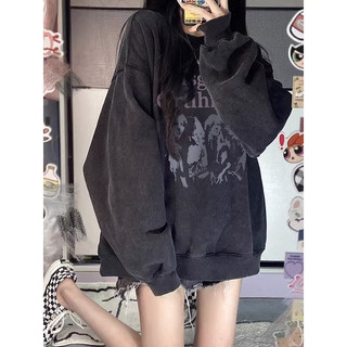 赤道少女 大學t 水洗黑 美式復古 潮牌衣服 ins 風衣服 下半身失蹤 潮牌衣服 oversize 秋冬 長袖上衣
