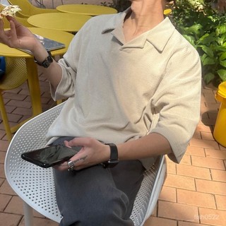 ✨川崎先生✨正韓polo領上衣 日係複古古巴領T恤男士夏季寬鬆翻領短袖韓版潮流五分袖上衣/韓國重磅/POLO衫